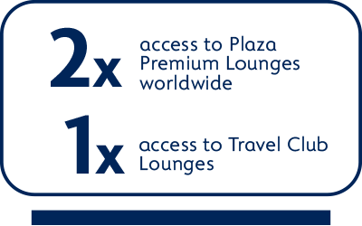 2x access to Plaza Premium Lounges worldwide. 1x access to Travel Club Lounges