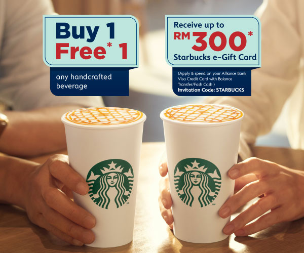 Sip More For Less: Buy 1 Free 1 any handcrafted beverage at Starbucks with your Alliance Bank Credit Card