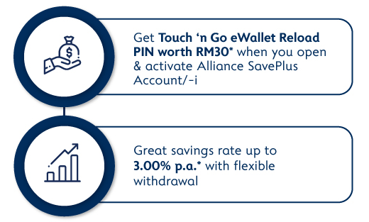 Get Touch ‘n go ewallet reload pin worth rm30* when you open an Alliance SavePlus Account/-i